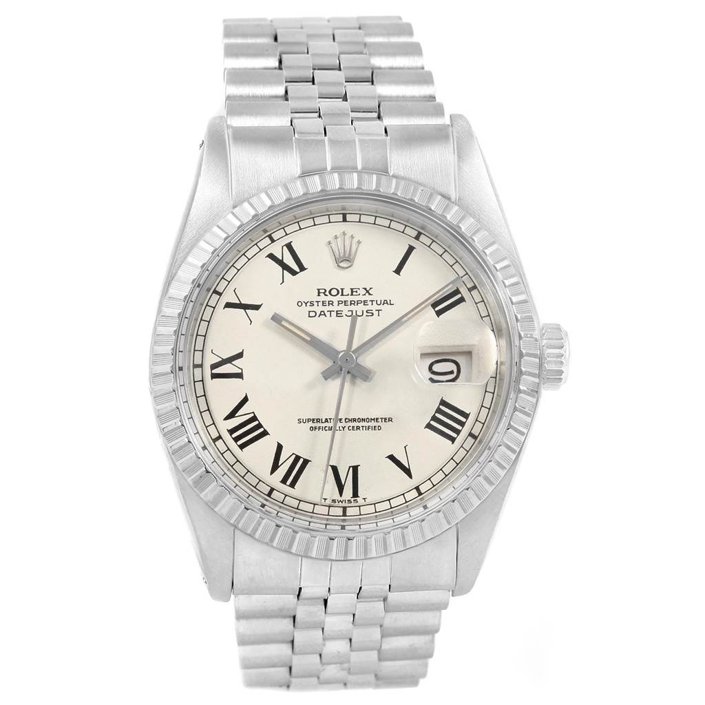 The image shows the front view of a Rolex Datejust 16030 Men's Stainless Steel White Dial 16030 Men's Stainless Steel White Dial watch, featuring the dial, bezel, and bracelet.
