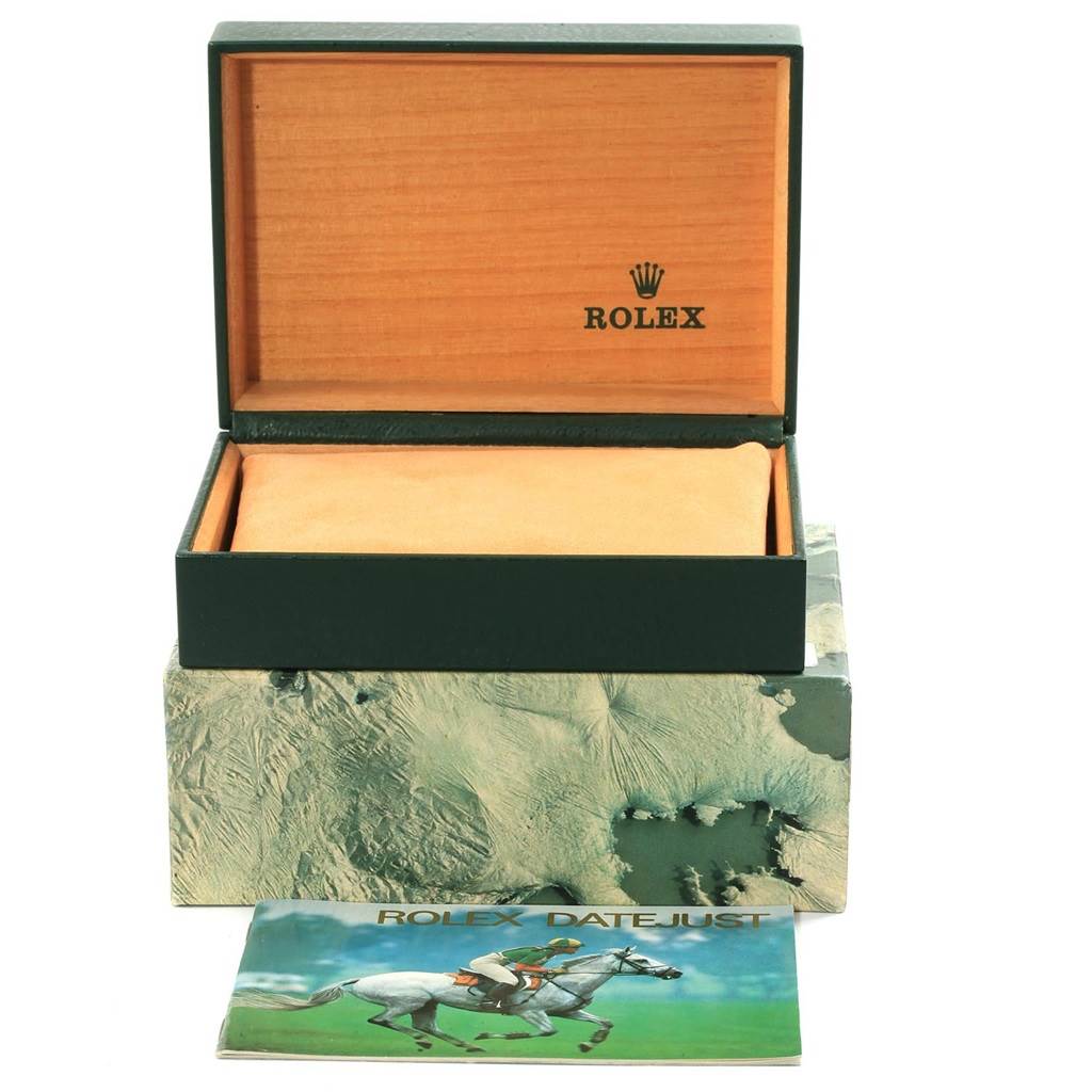 The image shows a Rolex Datejust 16030 Men's Stainless Steel White Dial 16030 Men's Stainless Steel White Dial watch box, cushion, and booklet from a front angle.