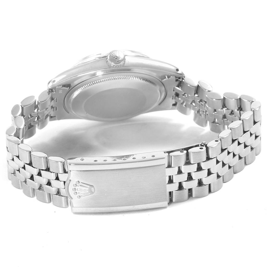 The image shows the back view of a Rolex Datejust 16030 Men's Stainless Steel White Dial 16030 Men's Stainless Steel White Dial watch, focusing on its case back and Jubilee bracelet clasp.