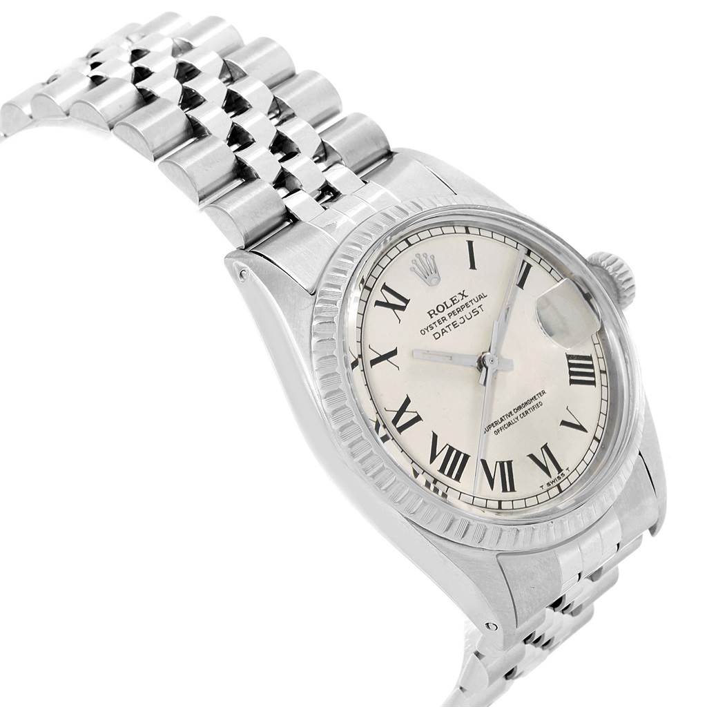 The image shows a Rolex Datejust 16030 Men's Stainless Steel White Dial 16030 Men's Stainless Steel White Dial watch at an angle displaying the dial, crown, and part of the bracelet.