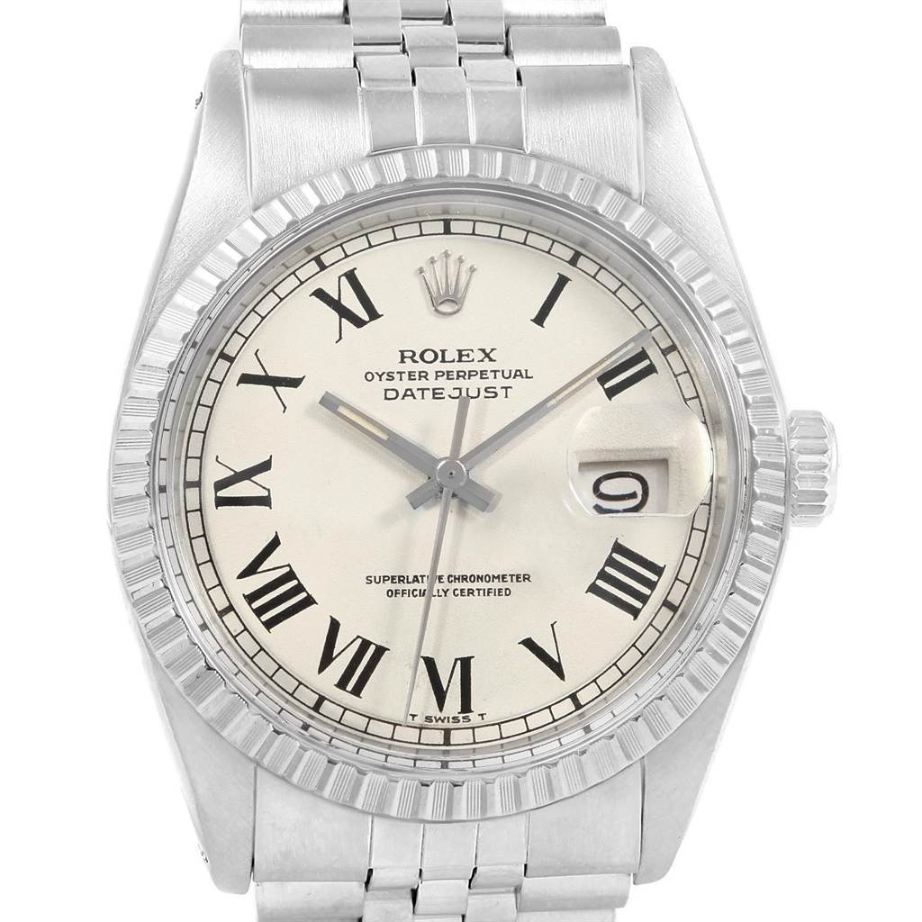 This image shows a front view of the Rolex Datejust 16030 Men's Stainless Steel White Dial 16030 Men's Stainless Steel White Dial watch displaying its face, bezel, and part of the bracelet.