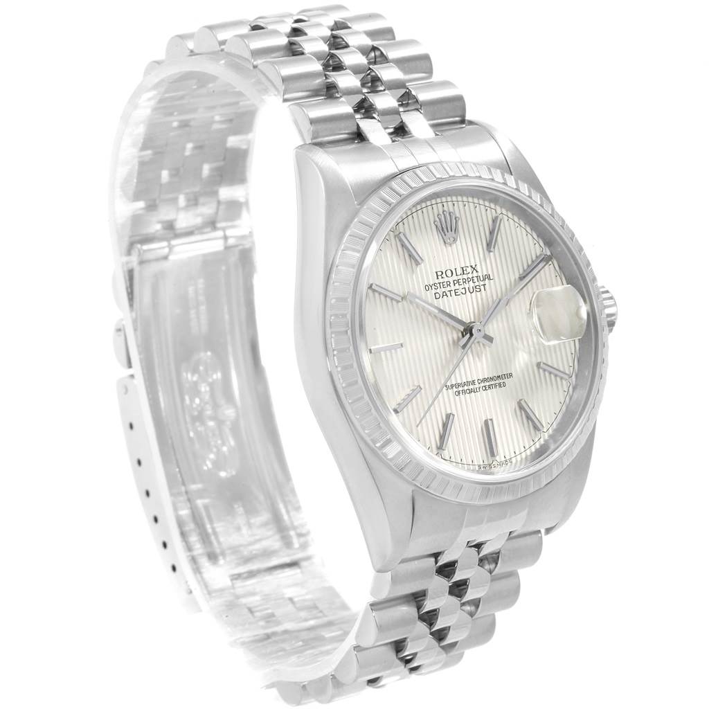 The image shows a Rolex Datejust 16220 Men's Stainless Steel Silver Dial 16220 Men's Stainless Steel Silver Dial watch from a three-quarter angle, displaying the face, bezel, and part of the bracelet.