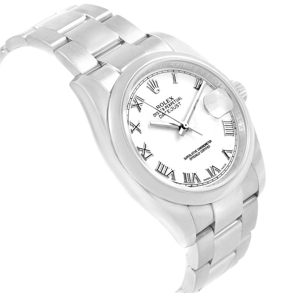 The image shows an angled view of the Rolex Datejust 116200 Men's Stainless Steel White Dial 116200 Men's Stainless Steel White Dial, highlighting the watch face, bezel, and part of the bracelet.