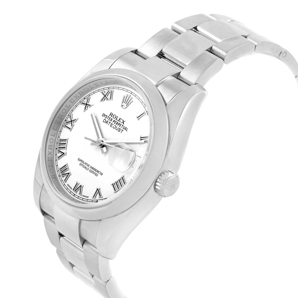 The Rolex Datejust 116200 Men's Stainless Steel White Dial 116200 Men's Stainless Steel White Dial watch is shown at an angle displaying the face, bezel, crown, and part of the bracelet.