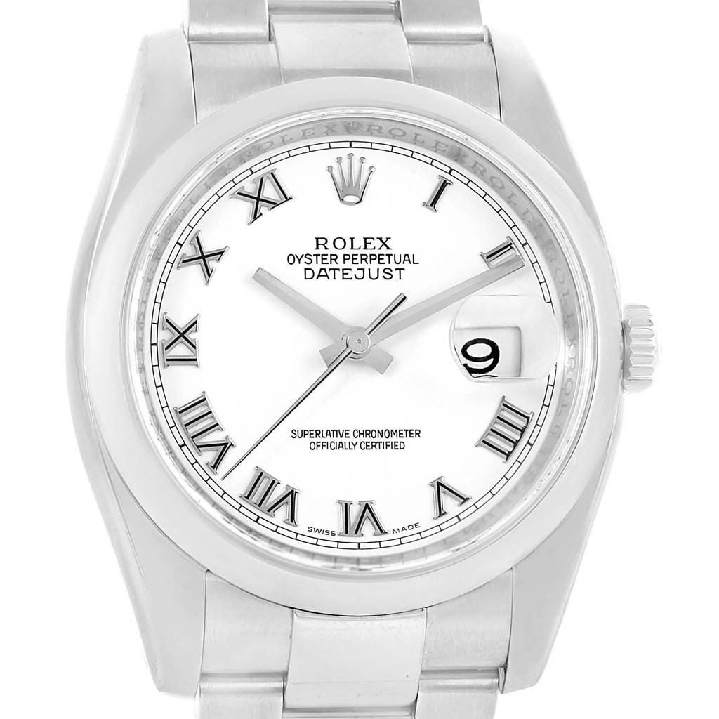 This is a Rolex Datejust 116200 Men's Stainless Steel White Dial 116200 Men's Stainless Steel White Dial watch shown from a front angle, displaying its dial, hands, and bracelet.
