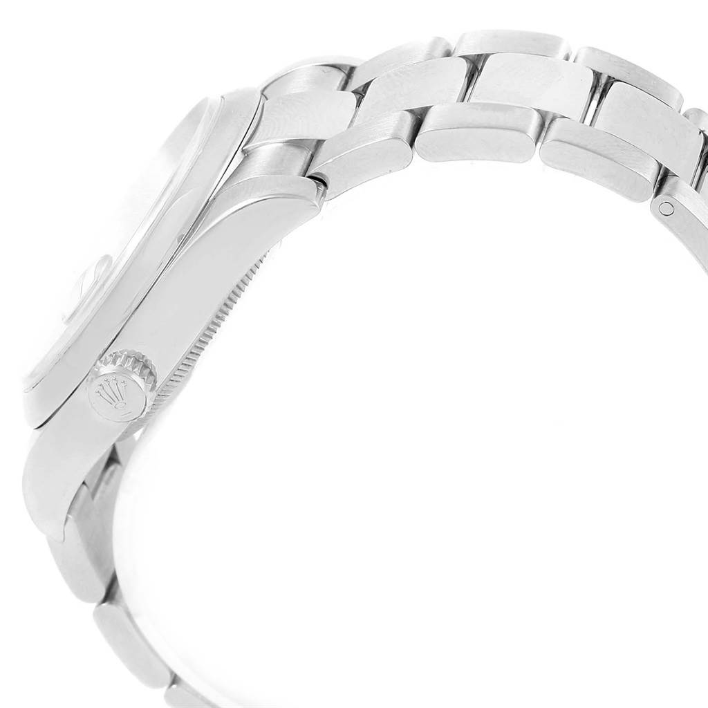 This image shows a side profile of a Rolex Datejust 116200 Men's Stainless Steel White Dial 116200 Men's Stainless Steel White Dial watch, highlighting the case and bracelet links.