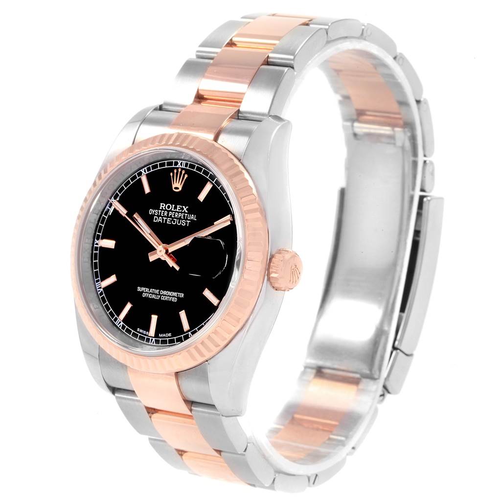 This image shows a Rolex Datejust 116231 Men's Steel and Gold (two tone) Black Dial 116231 Men's Steel and Gold (two tone) Black Dial watch from a front angle, highlighting the dial, bezel, crown, and part of the bracelet.