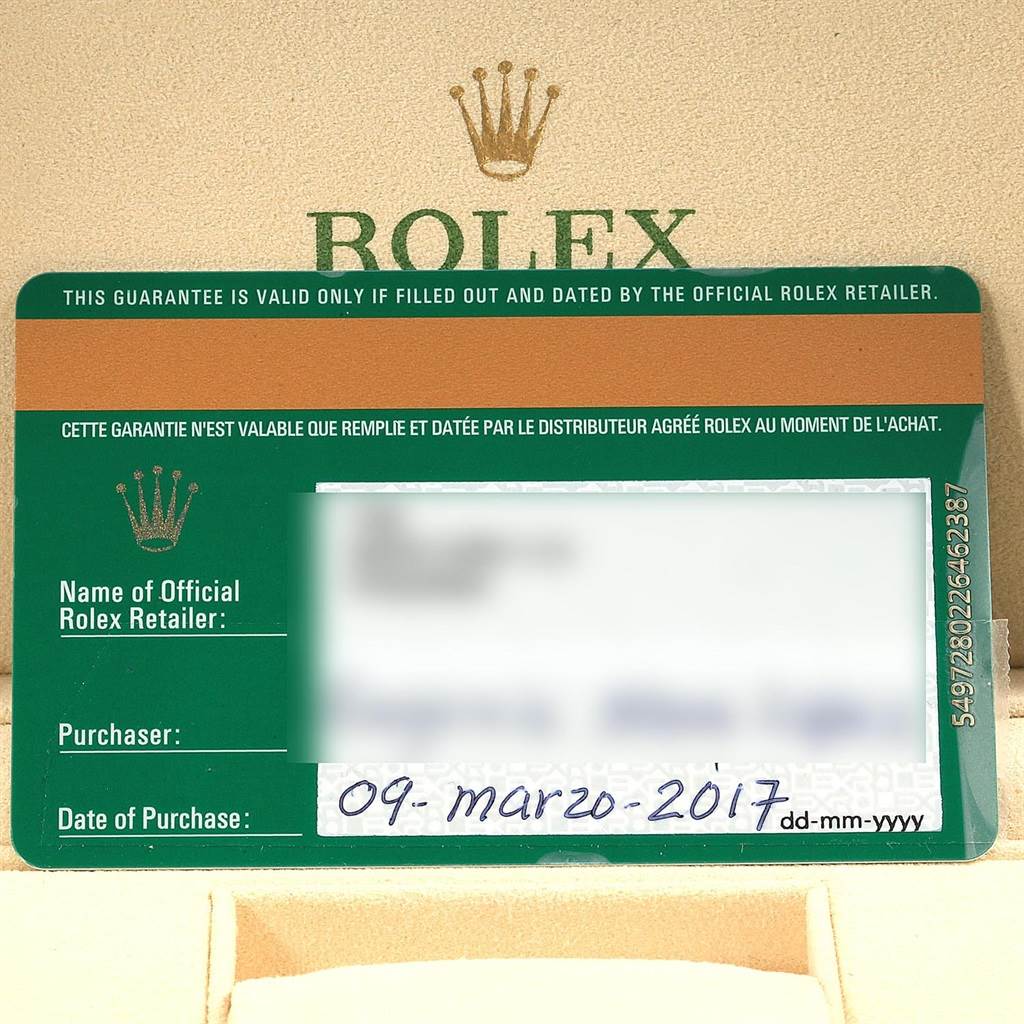 The image shows the warranty card for a Rolex Datejust 116231 Men's Steel and Gold (two tone) Black Dial 116231 Men's Steel and Gold (two tone) Black Dial watch, with purchase details and branding prominently displayed.