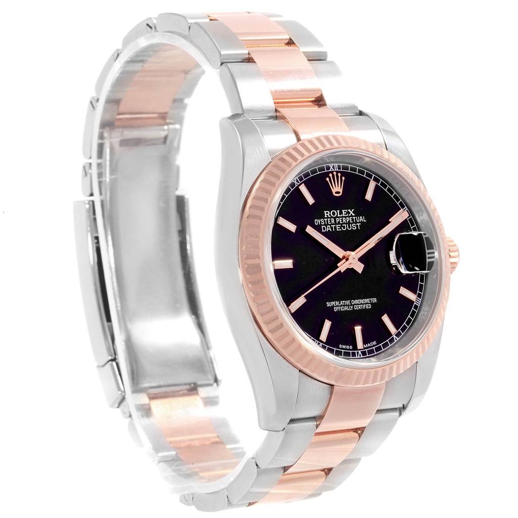 The image shows a Rolex Datejust 116231 Men's Steel and Gold (two tone) Black Dial 116231 Men's Steel and Gold (two tone) Black Dial watch from an angled side view, highlighting its bracelet, case, and dial.