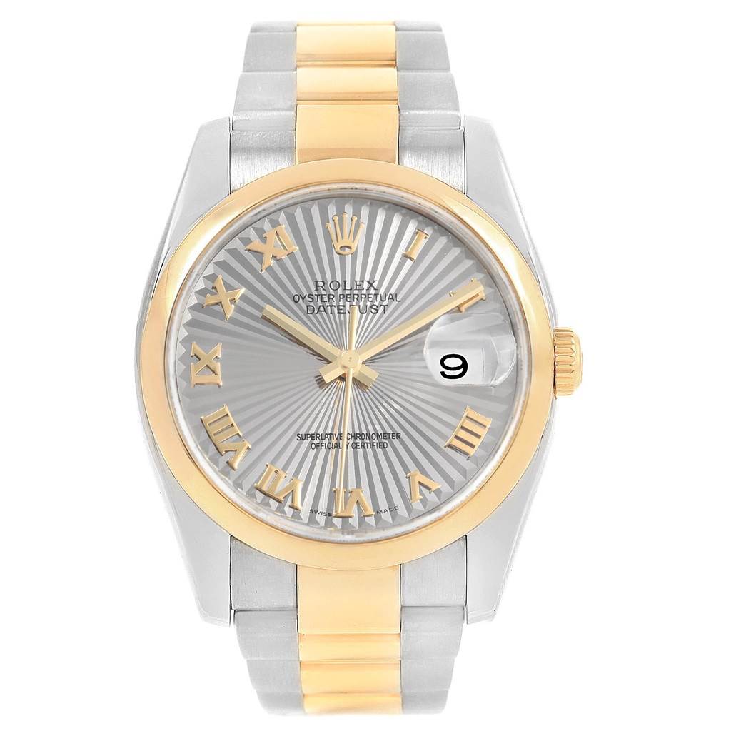 The image displays a frontal view of the Rolex Datejust 116203 Men's Stainless Steel Grey Dial 116203 Men's Stainless Steel Grey Dial watch, showcasing the dial, bezel, and bracelet.