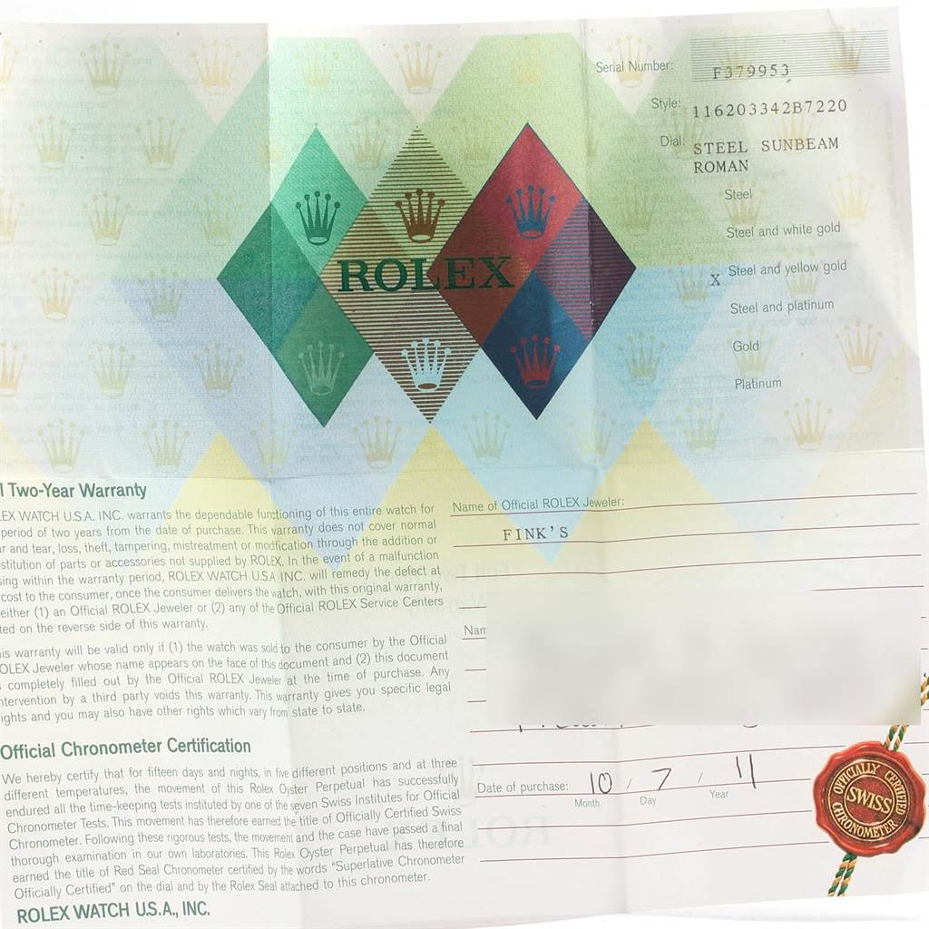 The image shows the warranty card for a Rolex Datejust 116203 Men's Stainless Steel Grey Dial 116203 Men's Stainless Steel Grey Dial watch, specifying model features and purchase details.