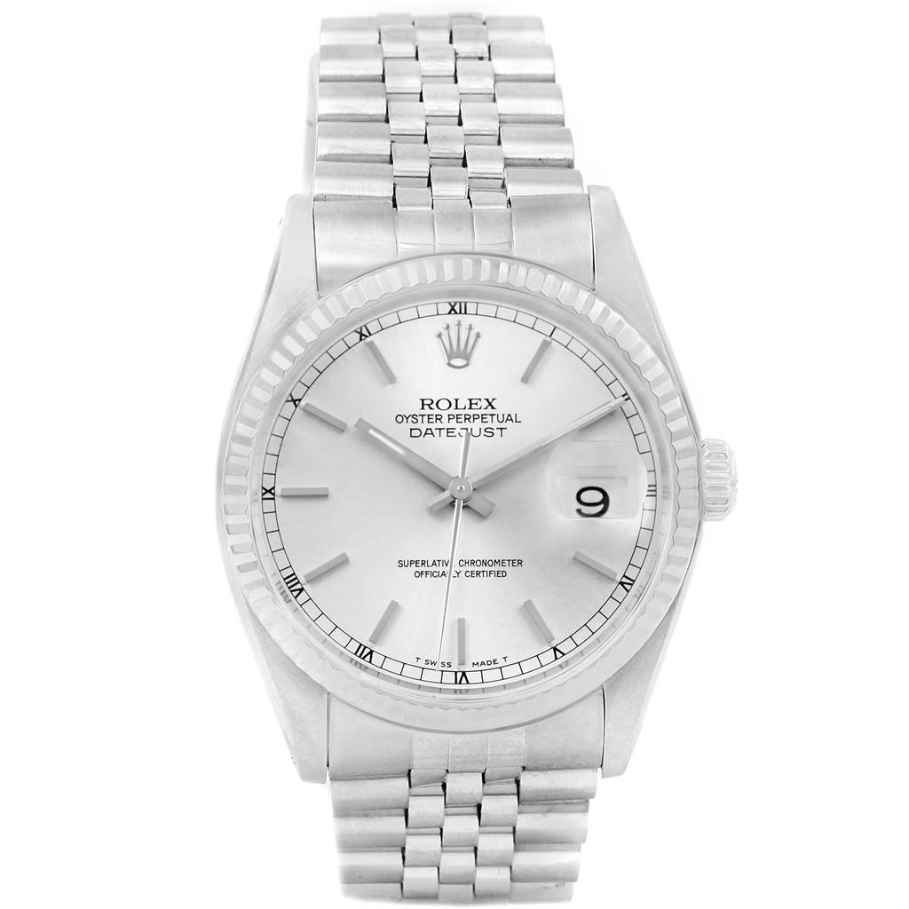 This image shows a frontal view of a Rolex Datejust 16014 Men's Stainless Steel Silver Dial 16014 Men's Stainless Steel Silver Dial watch, displaying its dial, bezel, crown, and bracelet.