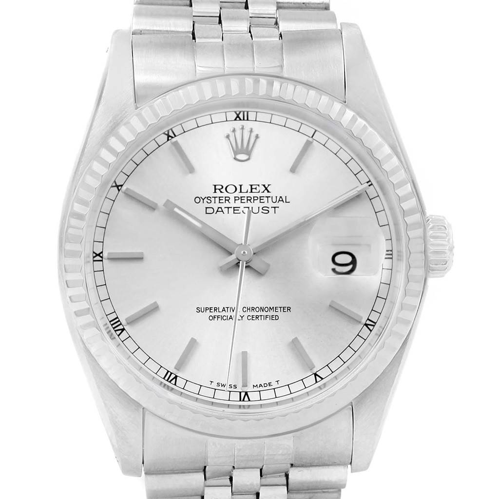 This image shows a Rolex Datejust 16014 Men's Stainless Steel Silver Dial 16014 Men's Stainless Steel Silver Dial watch from a front angle, highlighting the dial, bezel, and bracelet.