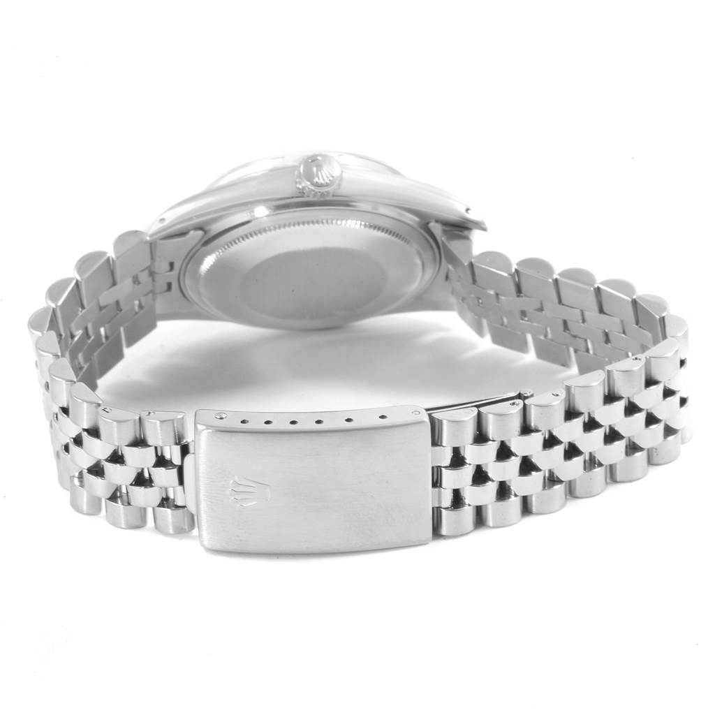 This image shows the back view of a Rolex Datejust 16014 Men's Stainless Steel Silver Dial 16014 Men's Stainless Steel Silver Dial watch, highlighting the case and Jubilee bracelet with clasp.