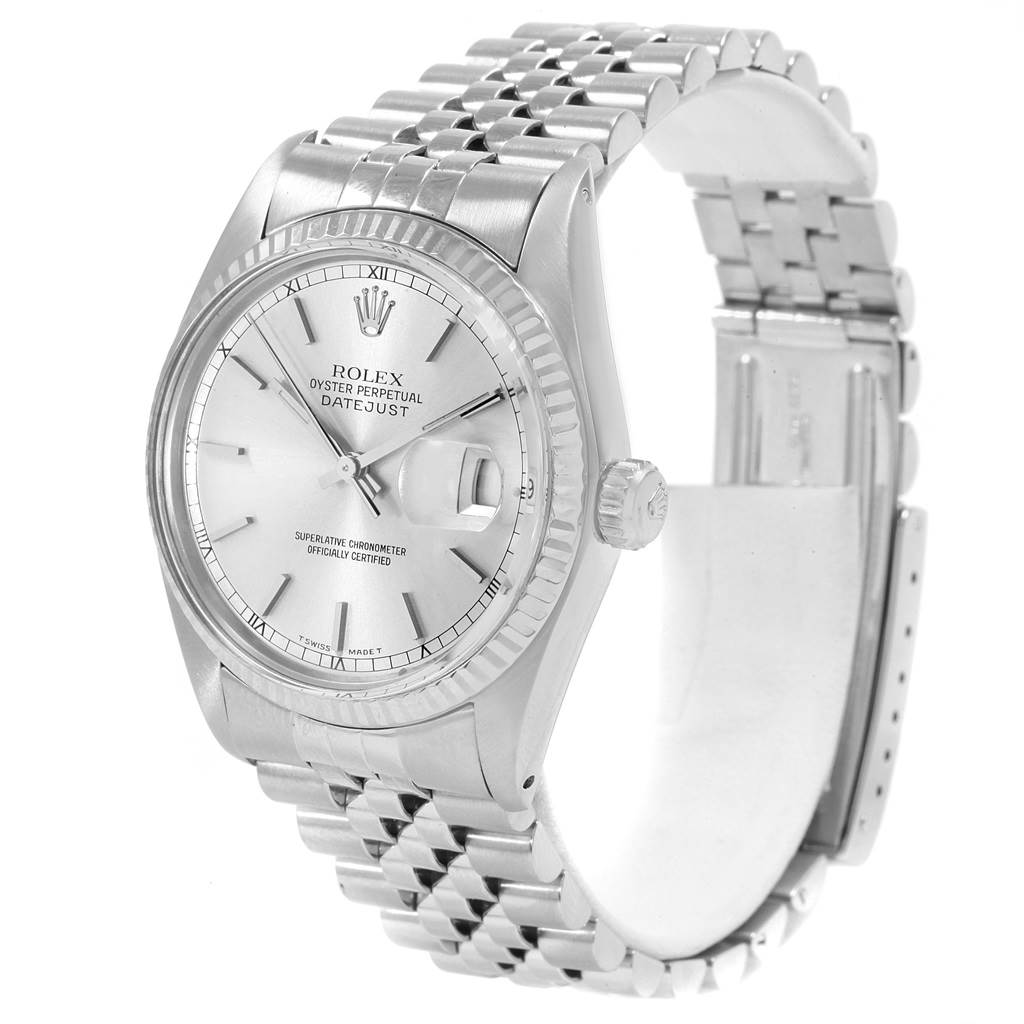The Rolex Datejust 16014 Men's Stainless Steel Silver Dial 16014 Men's Stainless Steel Silver Dial watch is shown at a three-quarter angle, highlighting the dial, bezel, case, bracelet, and crown.