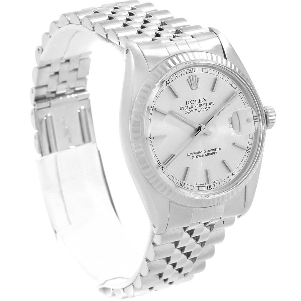 This image shows a Rolex Datejust 16014 Men's Stainless Steel Silver Dial 16014 Men's Stainless Steel Silver Dial watch from an angled front view, highlighting the dial, case, and bracelet.