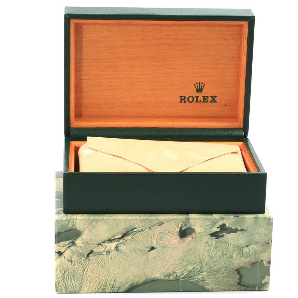 The image shows an open Rolex Datejust 16014 Men's Stainless Steel Silver Dial 16014 Men's Stainless Steel Silver Dial watch box with the inner compartments and packaging material visible.