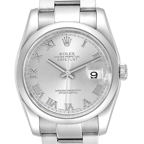 The image shows a front view of a Rolex Datejust watch, displaying the dial, hands, date window, and part of the bracelet.