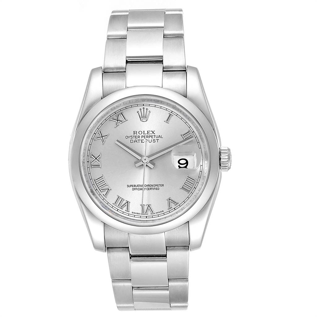 The image shows a Rolex Datejust 116200 Men's Stainless Steel Silver Dial 116200 Men's Stainless Steel Silver Dial watch from a front angle, displaying the dial, hour markers, hands, and bracelet.