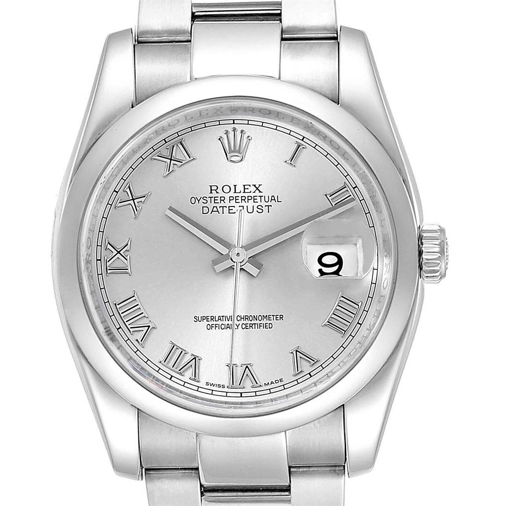 This image shows a frontal view of a Rolex Datejust 116200 Men's Stainless Steel Silver Dial 116200 Men's Stainless Steel Silver Dial watch featuring Roman numerals, a date display, and a silver bracelet.
