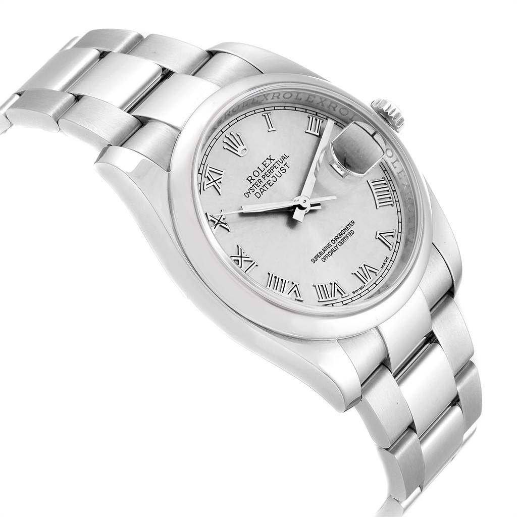 The Rolex Datejust 116200 Men's Stainless Steel Silver Dial 116200 Men's Stainless Steel Silver Dial watch is shown at a three-quarter angle, highlighting its bracelet, crown, and Roman numeral dial.