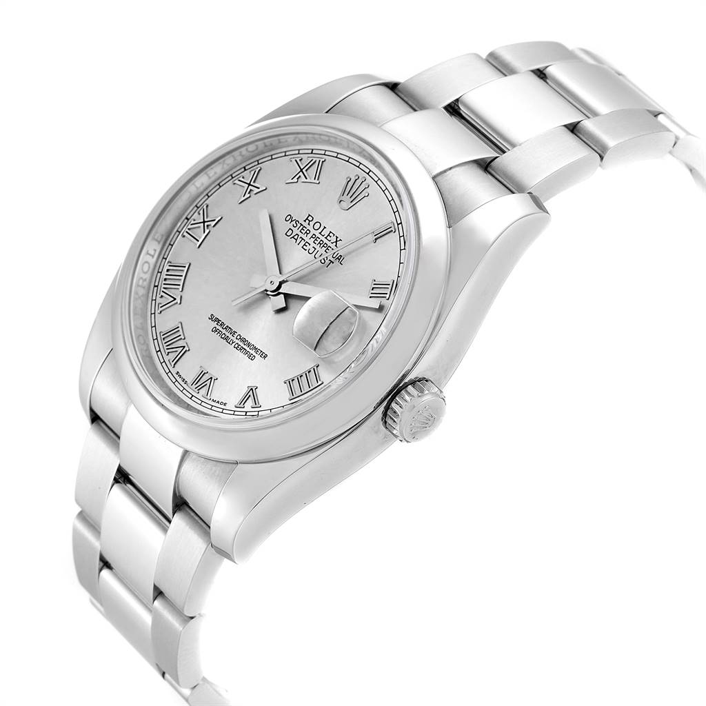 The image shows a side angle of the Rolex Datejust 116200 Men's Stainless Steel Silver Dial 116200 Men's Stainless Steel Silver Dial watch, highlighting its dial, bezel, crown, and part of the bracelet.