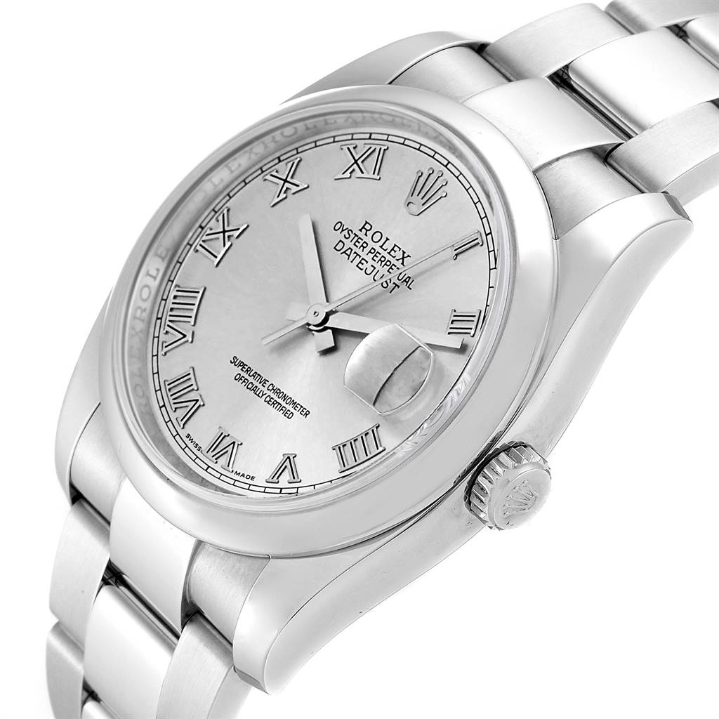 The image shows a side-angle view of a Rolex Datejust 116200 Men's Stainless Steel Silver Dial 116200 Men's Stainless Steel Silver Dial watch, highlighting the dial, crown, and part of the bracelet.