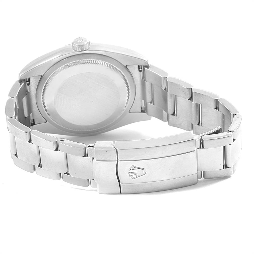 This image displays the backside of a Rolex Datejust 116200 Men's Stainless Steel Silver Dial 116200 Men's Stainless Steel Silver Dial model watch, showcasing its clasp, bracelet, and watch case.