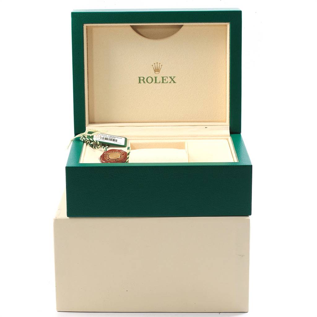 This image shows an open Rolex Datejust 116200 Men's Stainless Steel Silver Dial 116200 Men's Stainless Steel Silver Dial watch box with tags and cushion, viewed from the front.