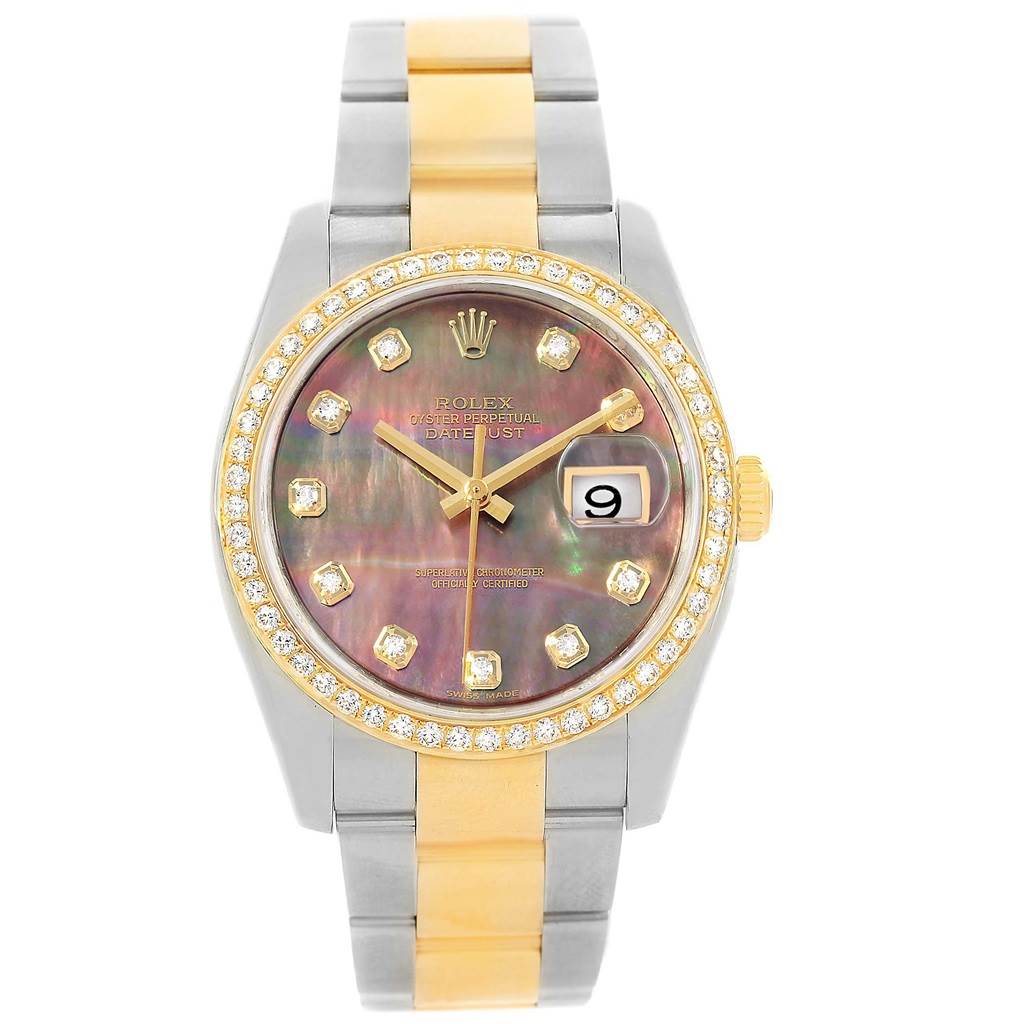 The image features a frontal view of a Rolex Datejust 116243 Men's Stainless Steel Mother of Pearl Dial 116243 Men's Stainless Steel Mother of Pearl Dial watch, showcasing its dial, bezel, and bracelet.
