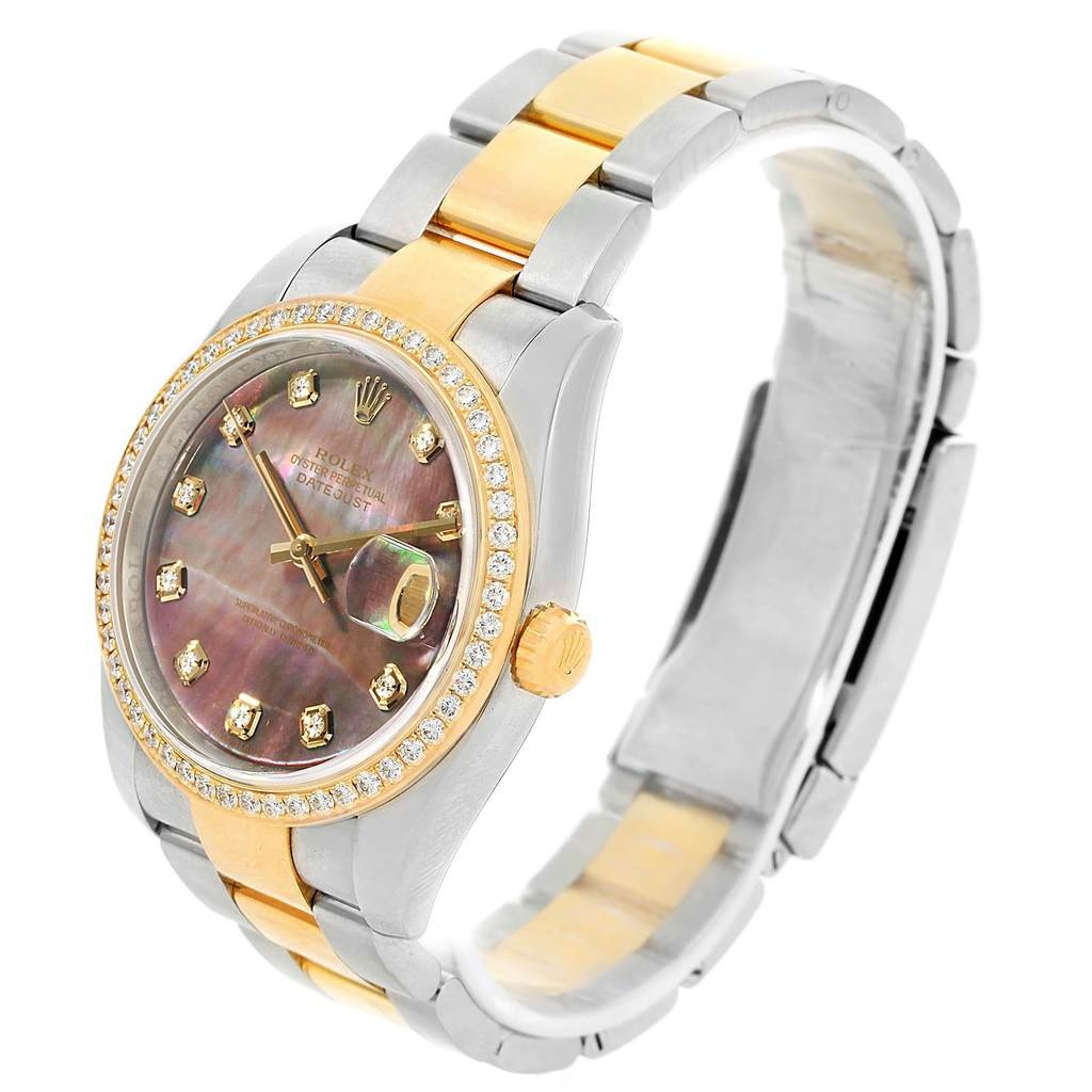 This image shows a Rolex Datejust 116243 Men's Stainless Steel Mother of Pearl Dial 116243 Men's Stainless Steel Mother of Pearl Dial watch at a three-quarter angle, highlighting the clasp, crown, bezel, and bracelet.