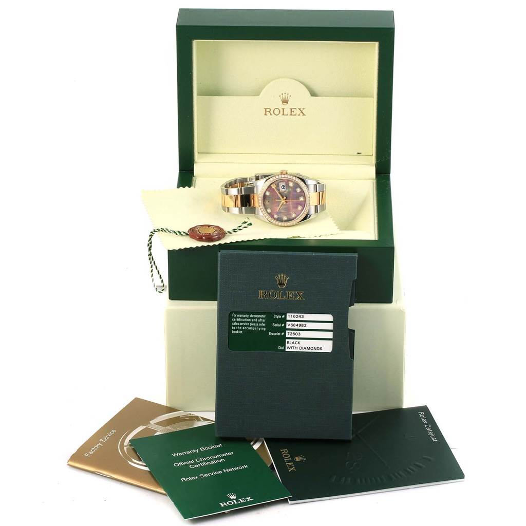The image shows a Rolex Datejust 116243 Men's Stainless Steel Mother of Pearl Dial 116243 Men's Stainless Steel Mother of Pearl Dial watch in a box, with an authenticity card and booklets displayed in front.