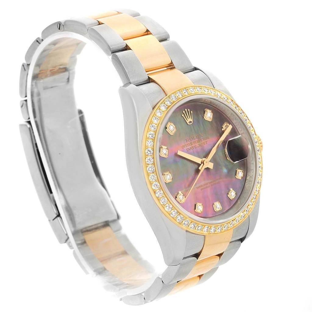The image shows a Rolex Datejust 116243 Men's Stainless Steel Mother of Pearl Dial 116243 Men's Stainless Steel Mother of Pearl Dial watch at a three-quarter angle, displaying the dial, bezel, and bracelet.