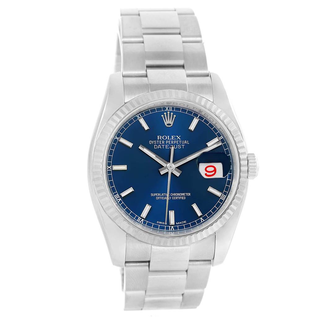 The Rolex Datejust 116234 Men's Stainless Steel Blue Dial 116234 Men's Stainless Steel Blue Dial watch is shown from a front angle, displaying its face, bezel, and bracelet.