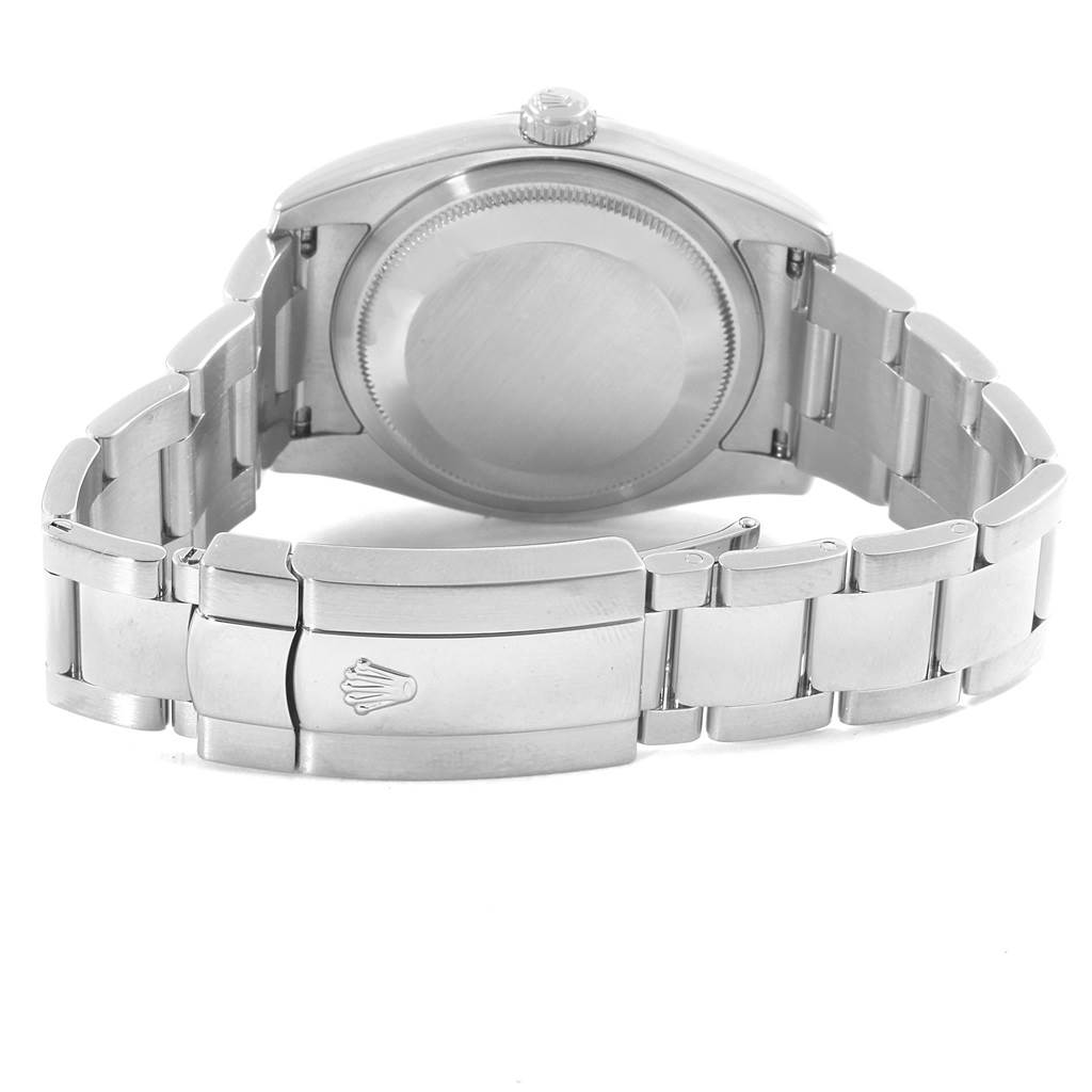 This image shows the back case and clasp of a Rolex Datejust 116234 Men's Stainless Steel Blue Dial 116234 Men's Stainless Steel Blue Dial watch at a low rear angle.