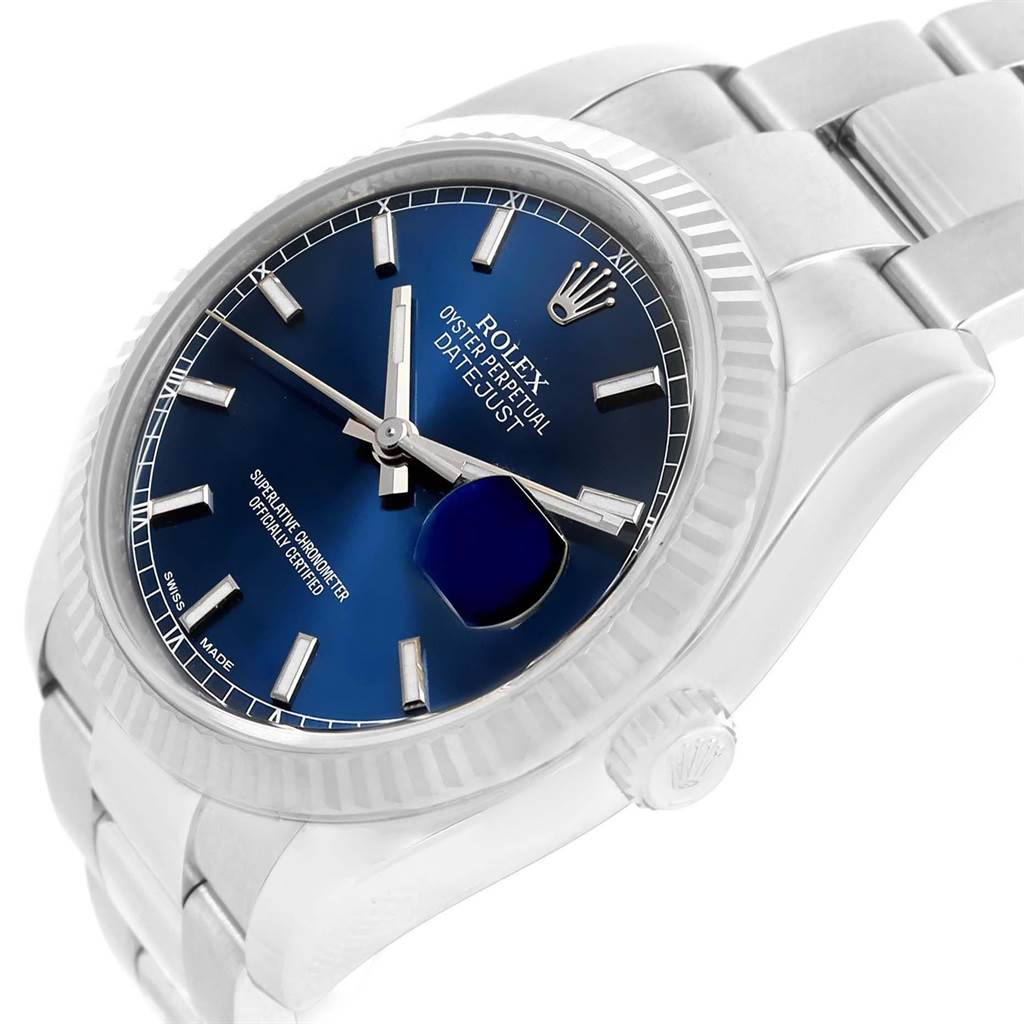 This image shows a Rolex Datejust 116234 Men's Stainless Steel Blue Dial 116234 Men's Stainless Steel Blue Dial watch at an angle from the front and side, highlighting the blue dial and metal bracelet.