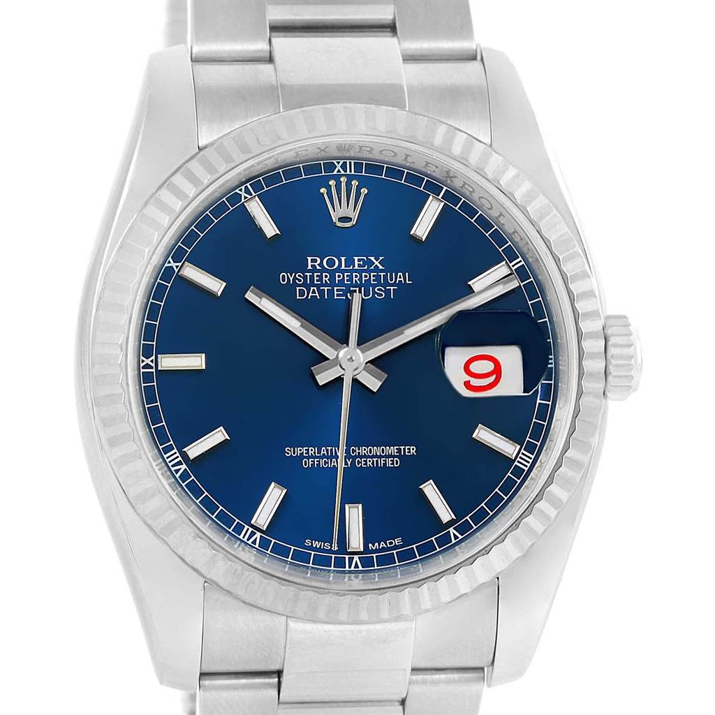 The image shows a front view of a Rolex Datejust 116234 Men's Stainless Steel Blue Dial 116234 Men's Stainless Steel Blue Dial watch, highlighting its blue dial and stainless steel bracelet.