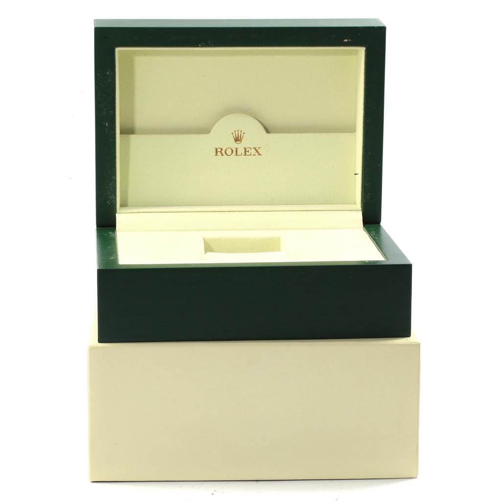 The image shows an open Rolex Datejust 116234 Men's Stainless Steel Blue Dial 116234 Men's Stainless Steel Blue Dial watch box with its inner cushion removed.