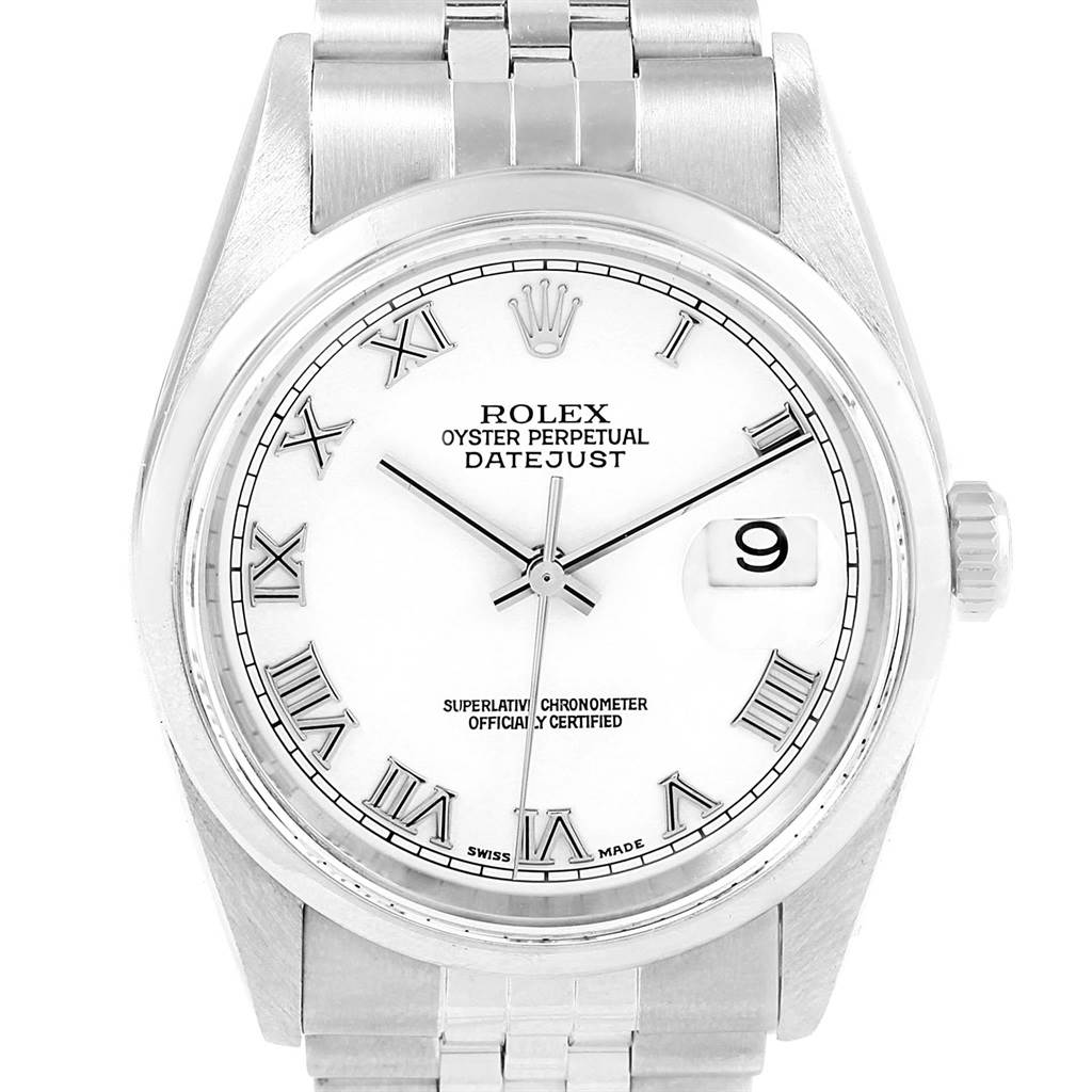 This is a front view of a Rolex Datejust 16200 Men
s Stainless Steel White Dial 16200 Men
s Stainless Steel White Dial watch showing the face, bezel, crown, and part of the bracelet.