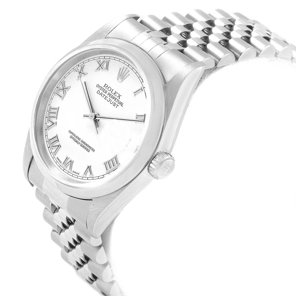 This is a close-up side angle of a Rolex Datejust 16200 Men
s Stainless Steel White Dial 16200 Men
s Stainless Steel White Dial watch, showing the dial, bezel, crown, and bracelet.