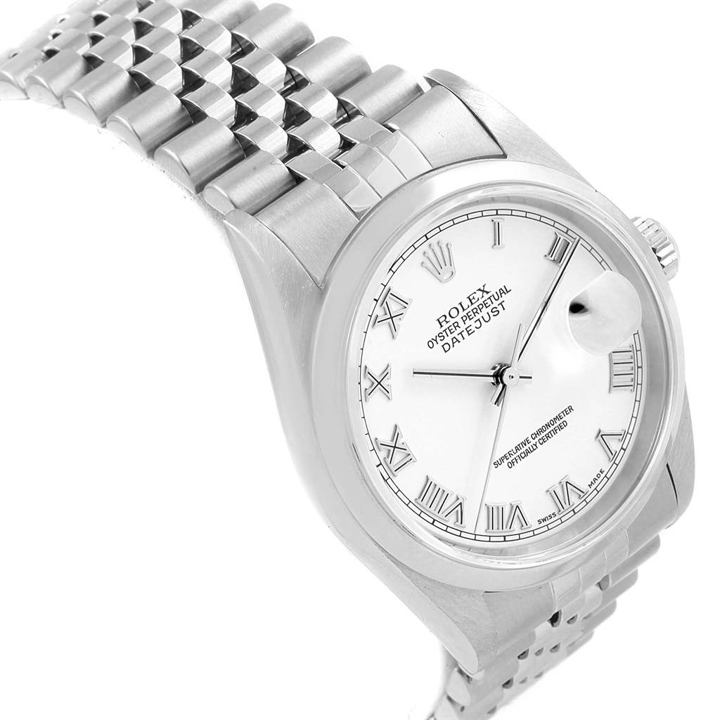 This image shows a diagonal view of the Rolex Datejust 16200 Men
s Stainless Steel White Dial 16200 Men
s Stainless Steel White Dial watch, highlighting the dial, bracelet, and part of the bezel.
