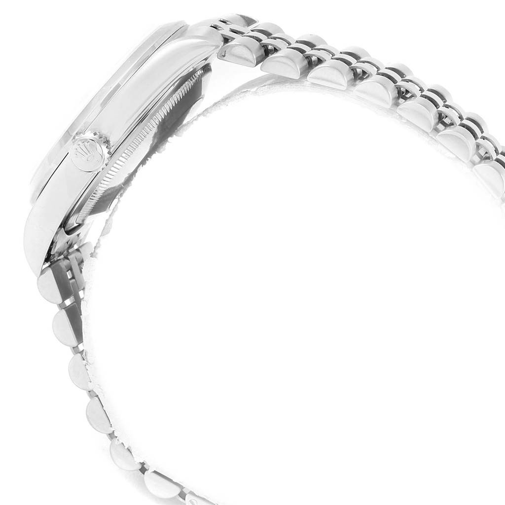 The image shows a side angle of a Rolex Datejust 16200 Men
s Stainless Steel White Dial 16200 Men
s Stainless Steel White Dial watch focusing on the case and bracelet.