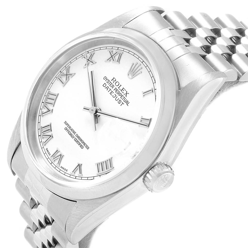 The image shows a close-up angle of the Rolex Datejust 16200 Men
s Stainless Steel White Dial 16200 Men
s Stainless Steel White Dial watch, highlighting the face, crown, and part of the bracelet.