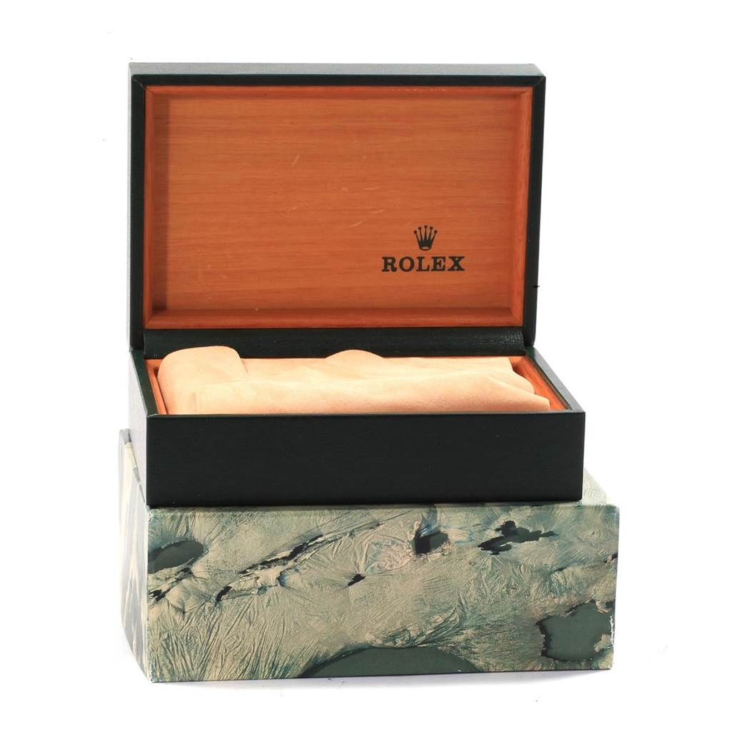 This image shows a Rolex Datejust 16200 Men
s Stainless Steel White Dial 16200 Men
s Stainless Steel White Dial watch box, opened, displaying its inner padding and branded interior.