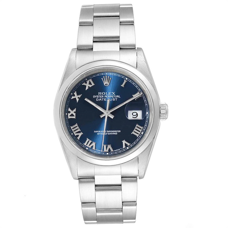 Rolex Datejust 36 Blue Roman Dial Domed Bezel Steel Mens Watch 16200 SwissWatchExpo