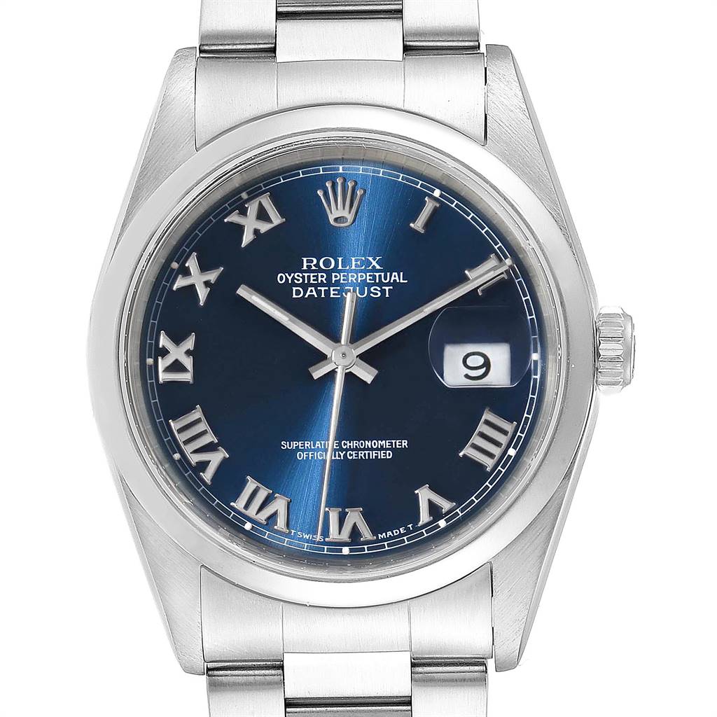 This image shows a frontal view of the Rolex Datejust 16200 Men's Stainless Steel Blue Dial 16200 Men's Stainless Steel Blue Dial watch, highlighting the blue dial, Roman numerals, and date display.