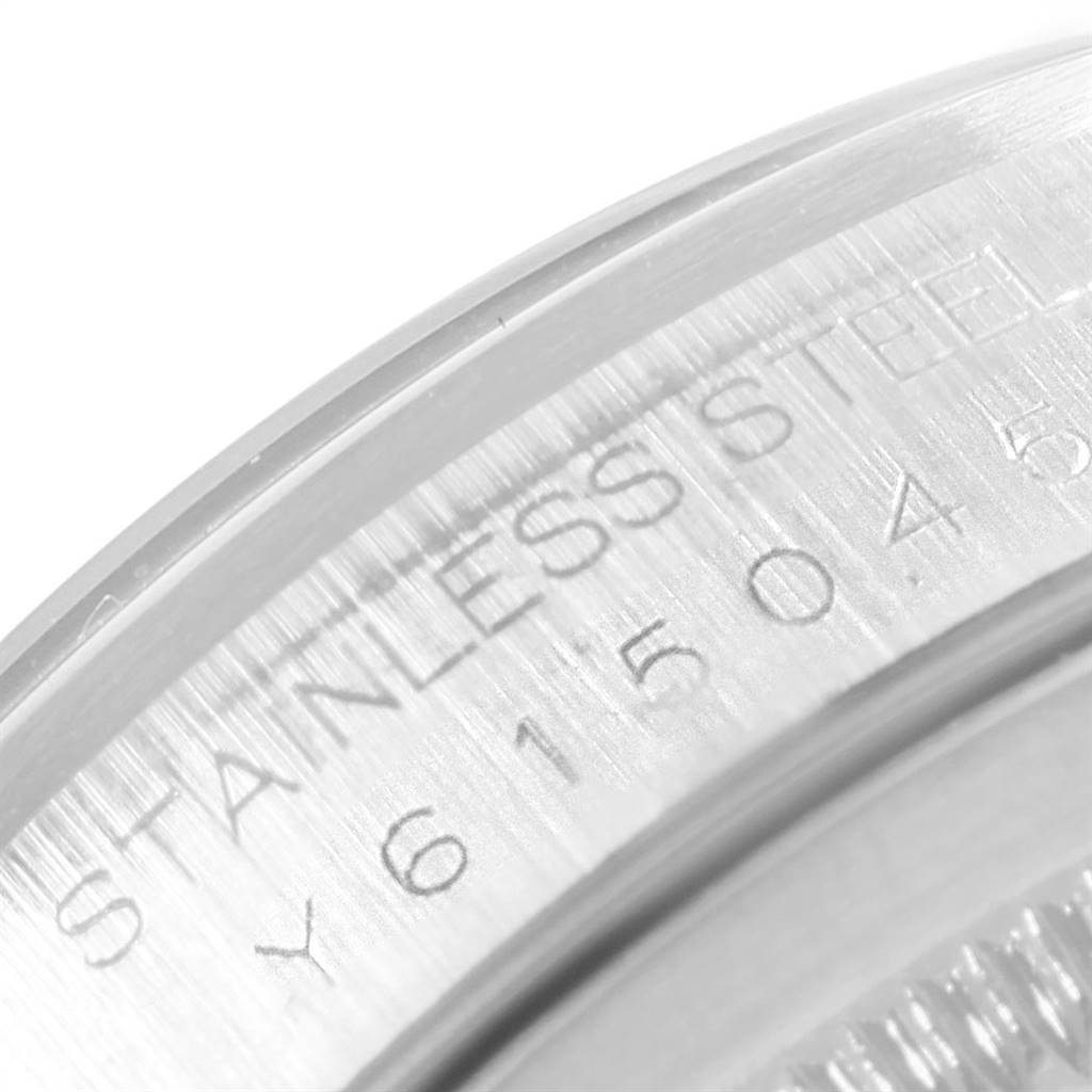 This image shows a close-up of the case back of a Rolex Datejust 16200 Men's Stainless Steel Blue Dial 16200 Men's Stainless Steel Blue Dial watch, highlighting the stainless steel engraving.