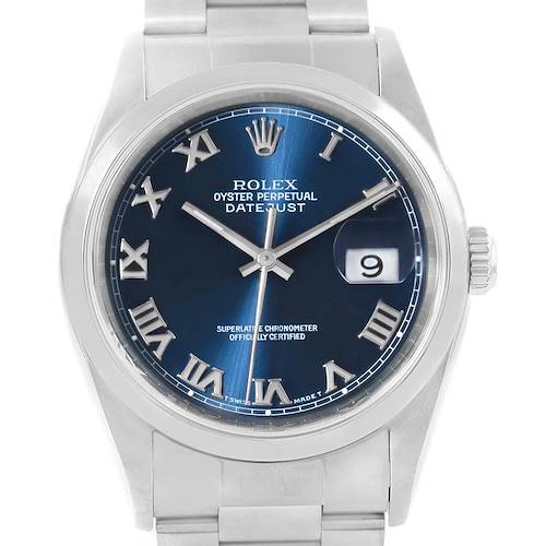 Photo of Rolex Datejust 36 Blue Roman Dial Domed Bezel Steel Mens Watch 16200