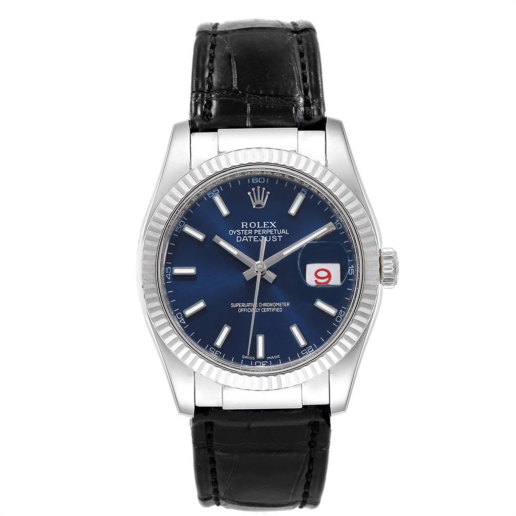 The image shows a Rolex Datejust 116139 Men's White Gold Blue Dial 116139 Men's White Gold Blue Dial watch from a direct front angle, highlighting its black leather strap, blue dial, and date window.