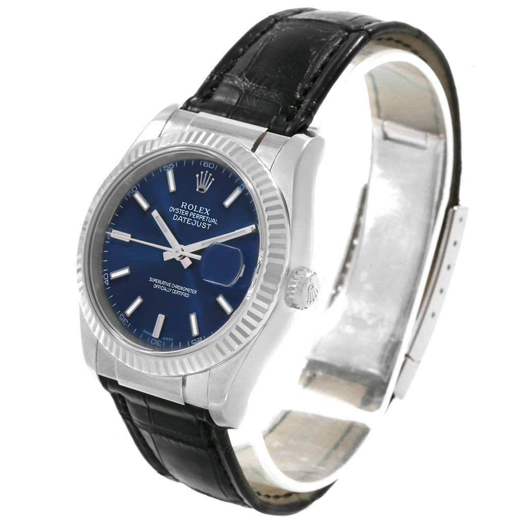 This image shows a Rolex Datejust 116139 Men's White Gold Blue Dial 116139 Men's White Gold Blue Dial watch at a slight angle, featuring a blue dial and a black leather strap.